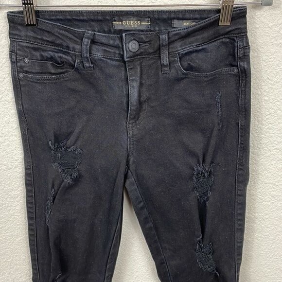 Guess Sexy Curve Skinny Jeans Black Distressed Destroyed Raw Hem Sz 26 - Picture 4 of 15